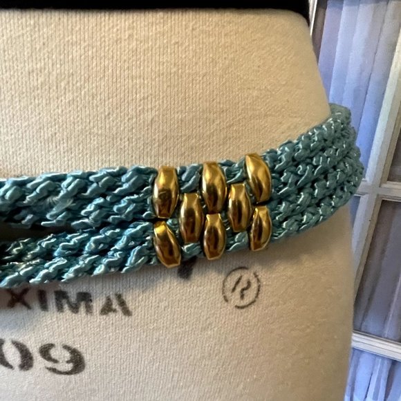 Vintage Blue Woven Rope Belt with Butterfly and Flower Buckle and Metal Studs L - Picture 3 of 5